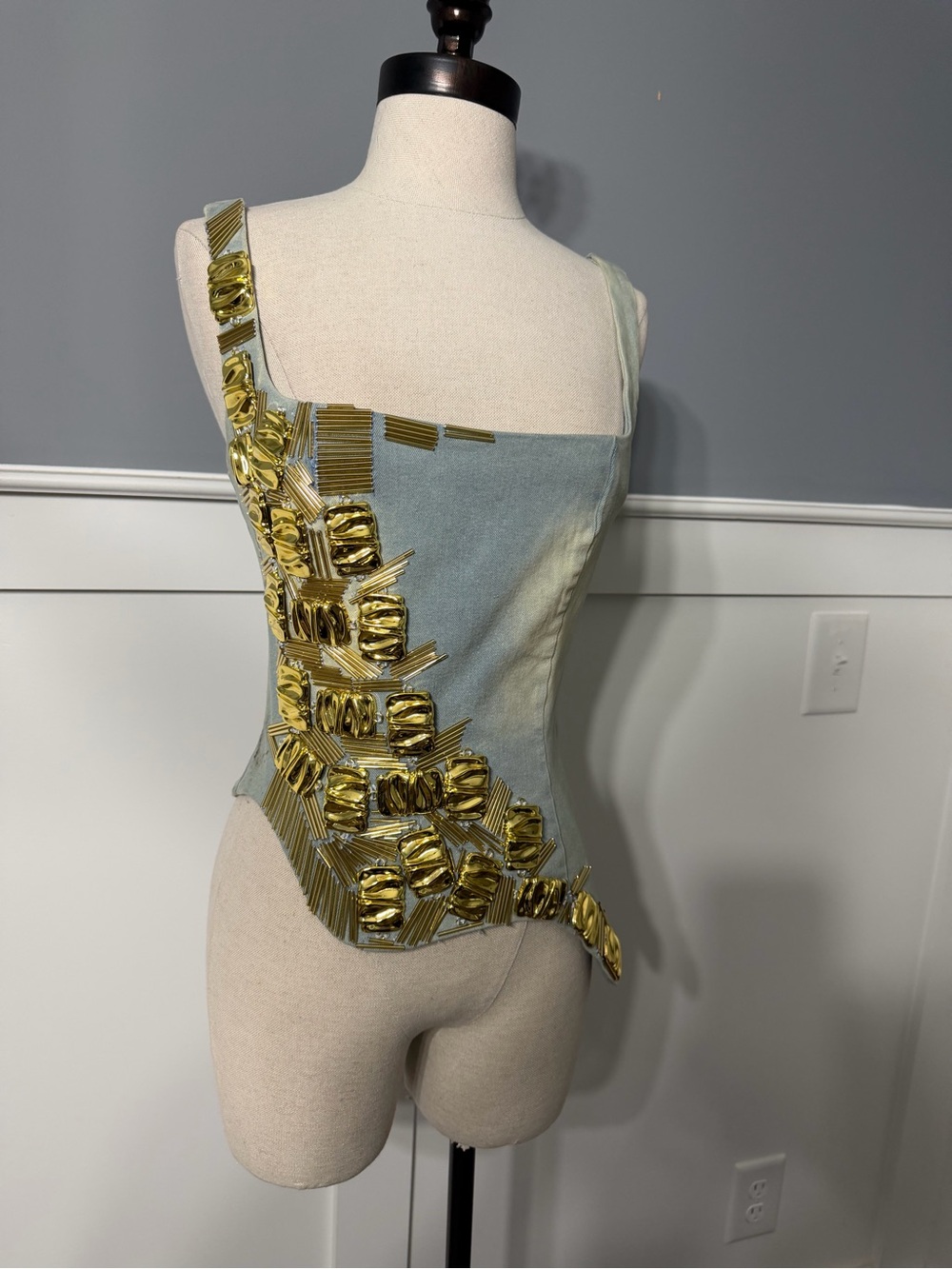 AKIRA Gold-Metal Embellished
Pastel Blue Sculpted Women's Top